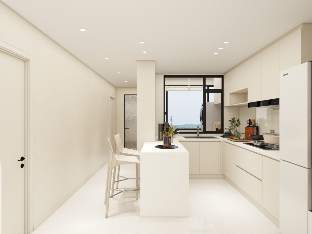 Modern HDB kitchen with white quartz countertop and soft-close cabinets
