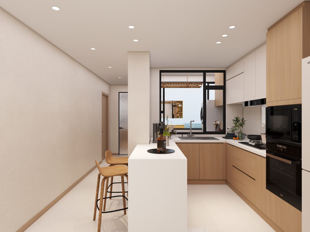 Modern HDB kitchen with white quartz countertop and soft-close cabinets