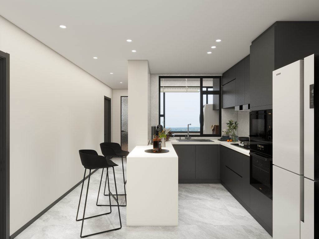 Modern HDB kitchen with white quartz countertop and soft-close cabinets