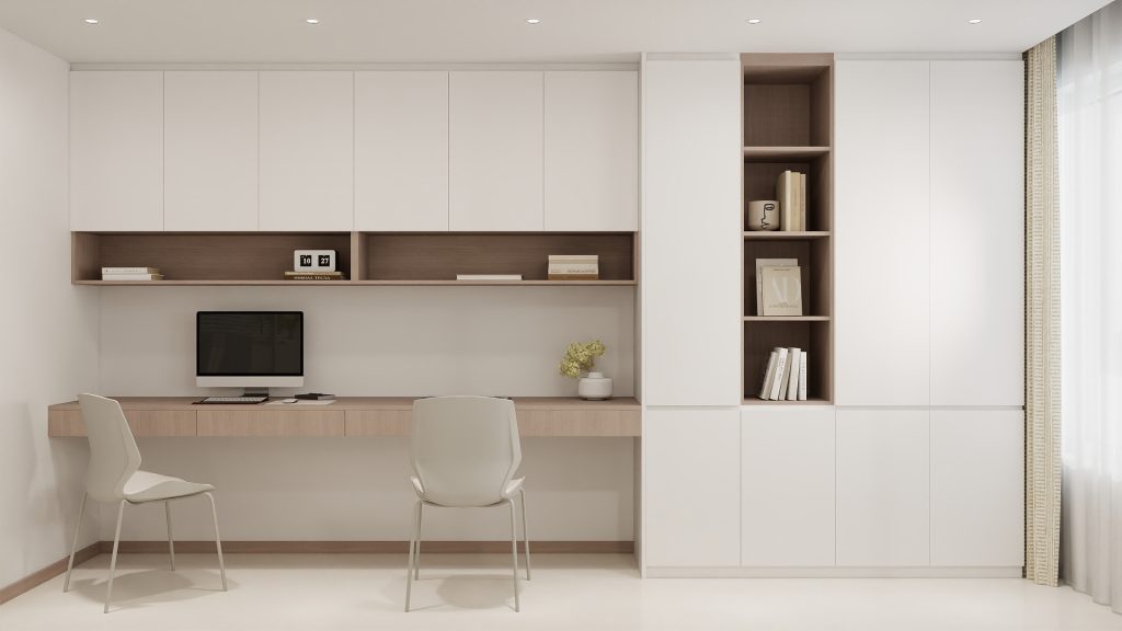 Muji-inspired modular Study Room design with wood accent