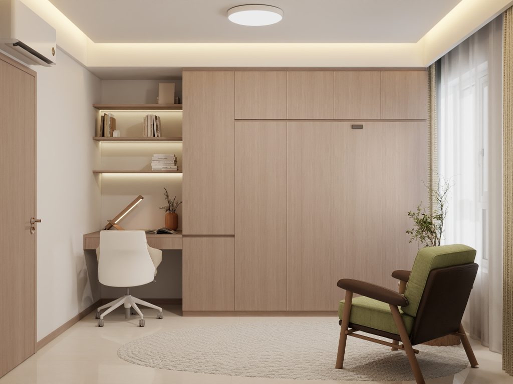 Muji-inspired modular bedroom design with wood accent