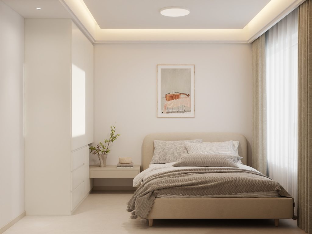 Built-in HDB wardrobe in walnut wood tone with soft-close drawers