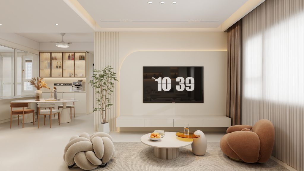 Modern Tengah BTO living room with natural light and built-in storage