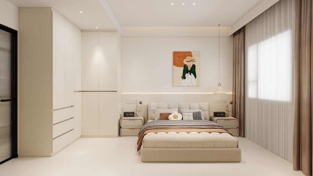 Modular wardrobe aligned with beamless ceiling in Tengah HDB