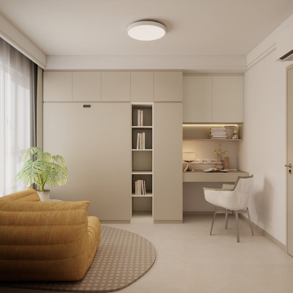 Bedroom 2 Space-Saving Bed with Casement Wardrobe and Study table