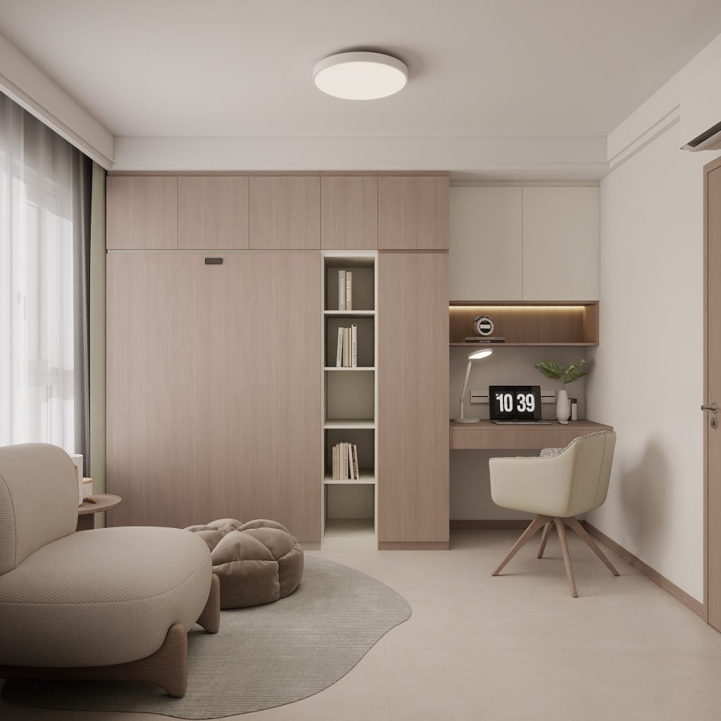 Bedroom 2 Space-Saving Bed with Casement Wardrobe and Study table