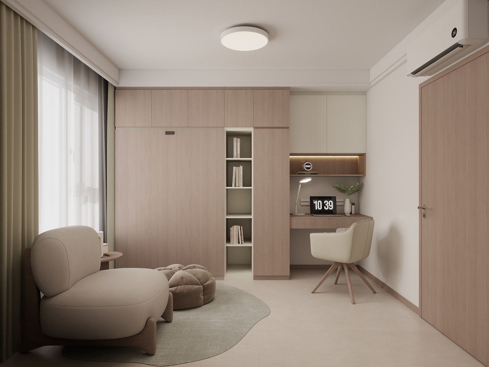 Bedroom 2 Space-Saving Bed with Casement Wardrobe and Study table