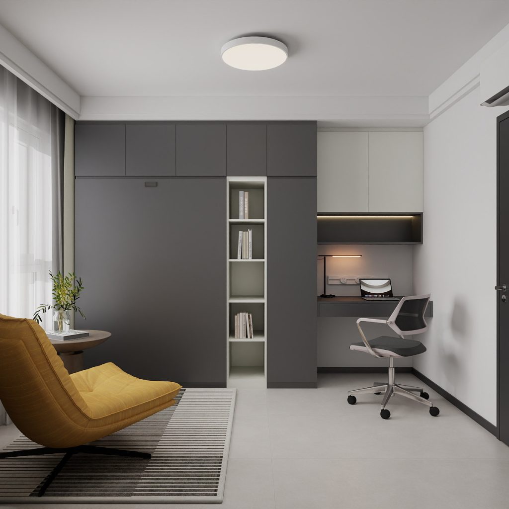 Bedroom 2 Space-Saving Bed with Casement Wardrobe and Study table