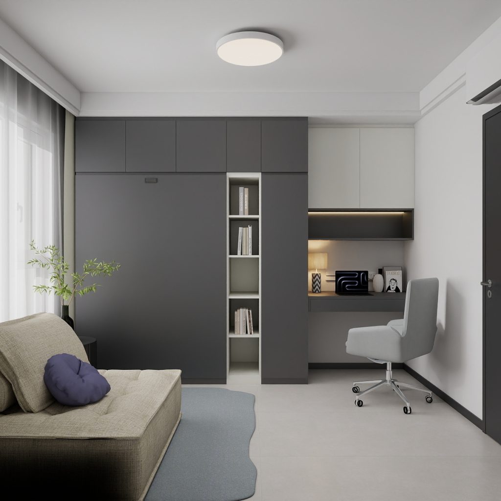 Bedroom 2 Space-Saving Bed with Casement Wardrobe and Study table