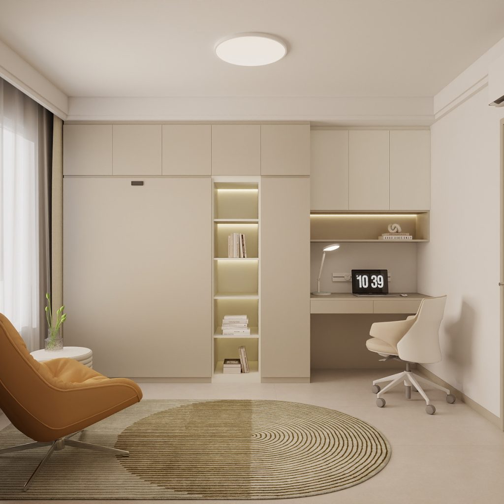 Bedroom 2 Space-Saving Bed with Casement Wardrobe and Study table