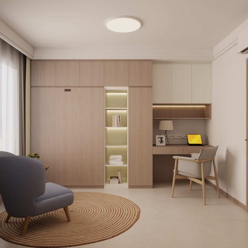 Bedroom 2 Space-Saving Bed with Casement Wardrobe and Study table