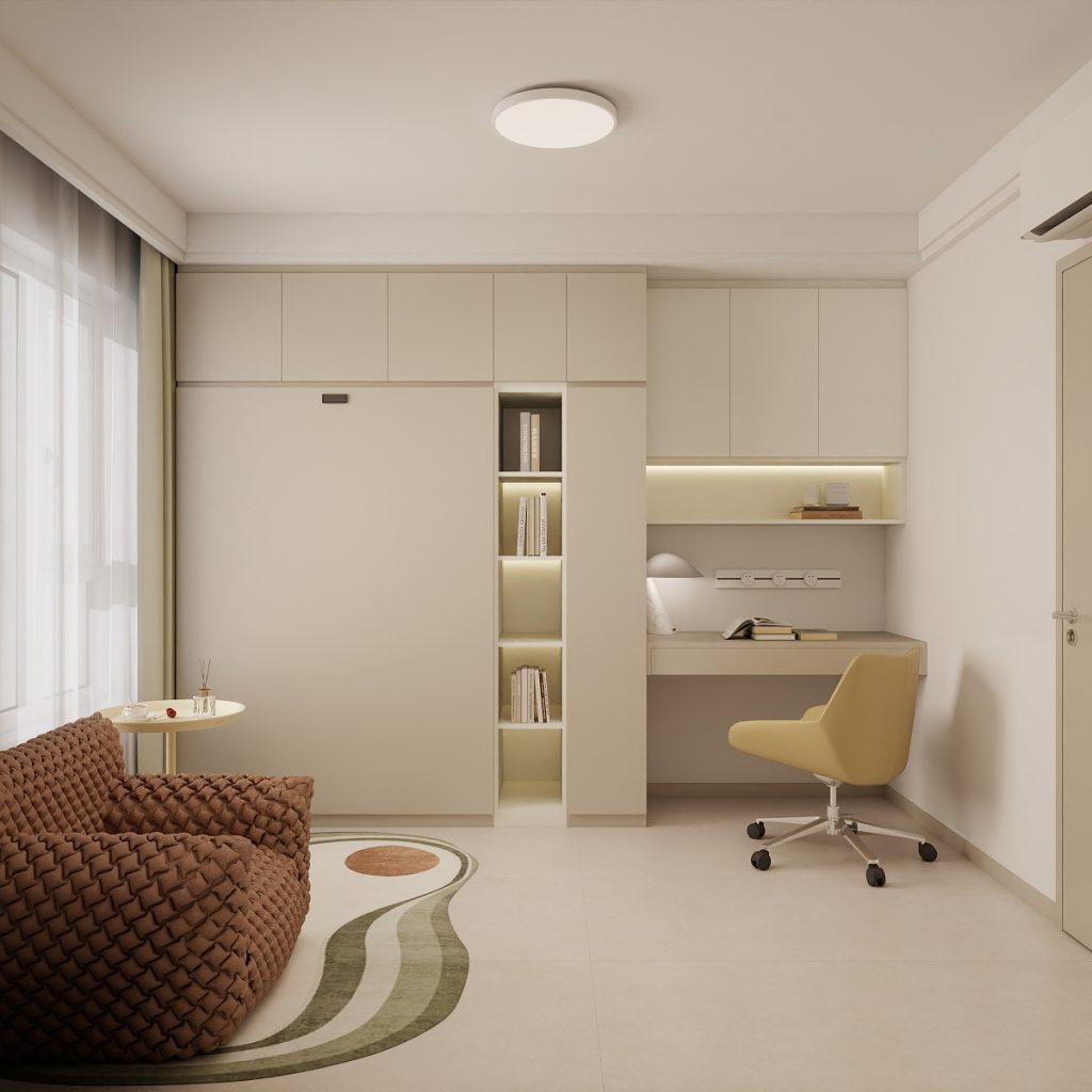 Bedroom 2 Space-Saving Bed with Casement Wardrobe and Study table