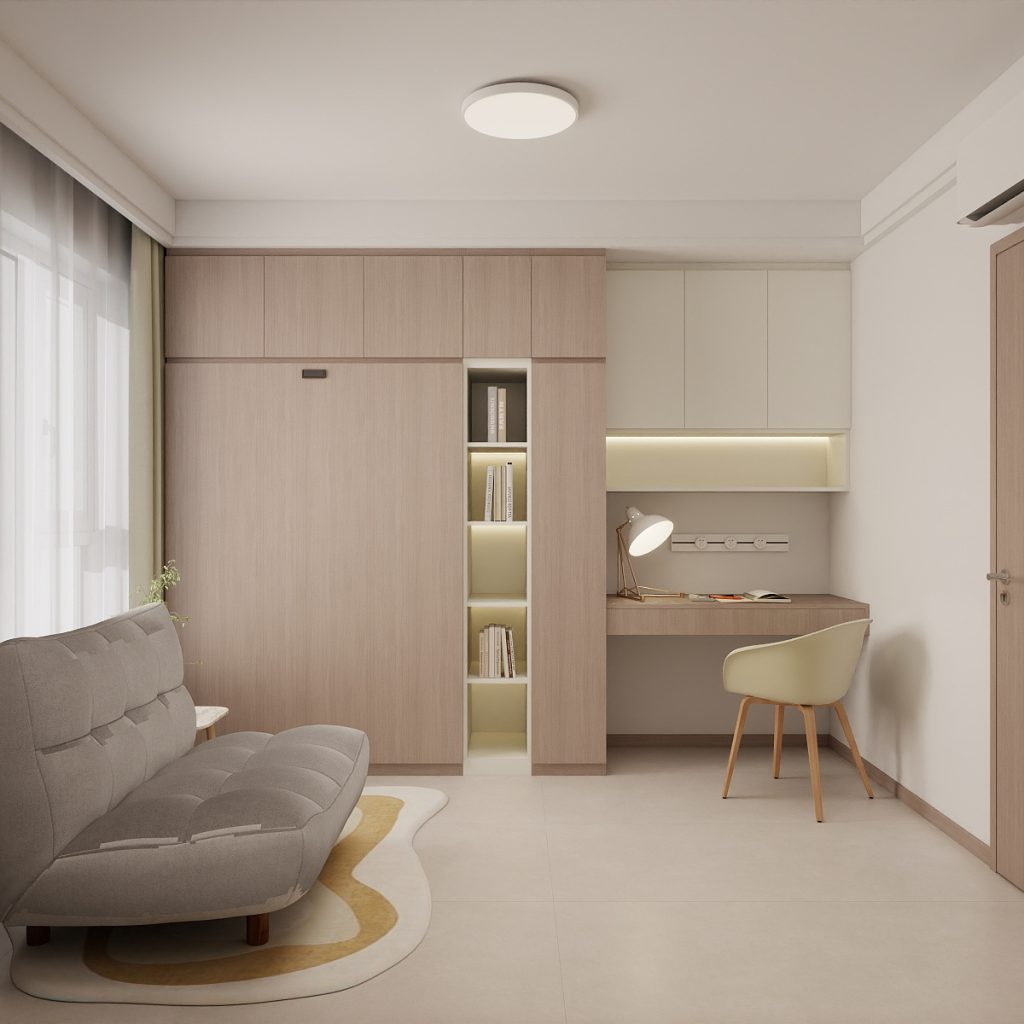Bedroom 2 Space-Saving Bed with Casement Wardrobe and Study table
