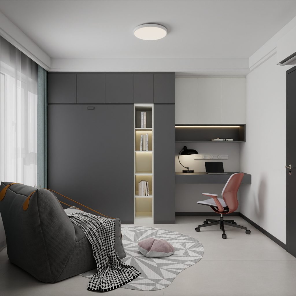 Bedroom 2 Space-Saving Bed with Casement Wardrobe and Study table