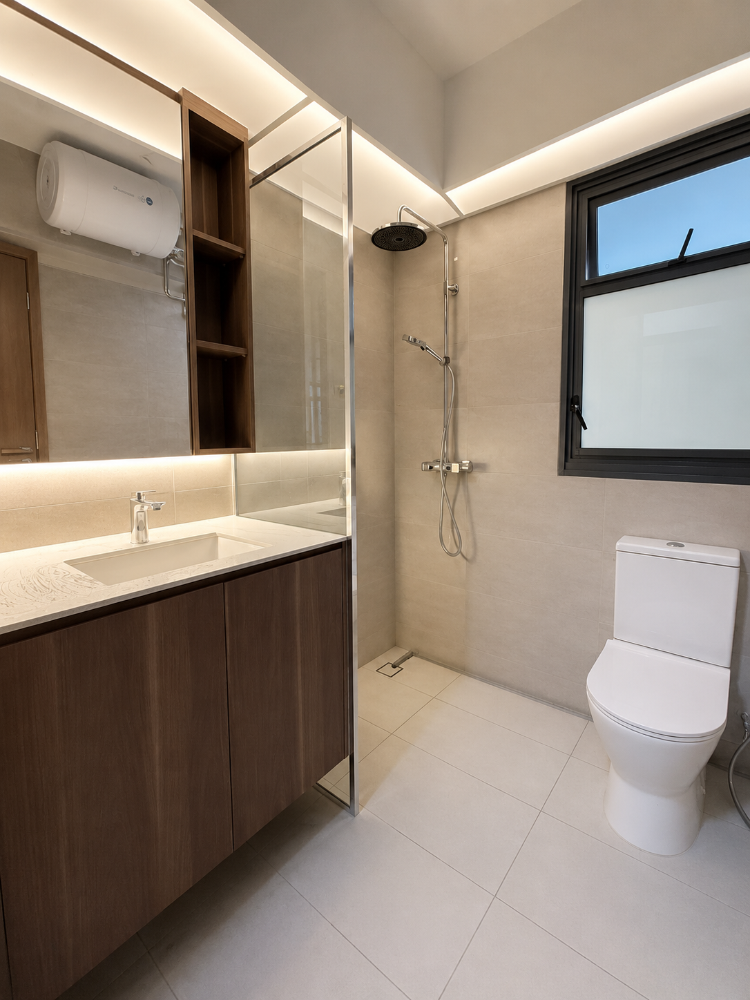 Walnut vanity bathroom with rain shower