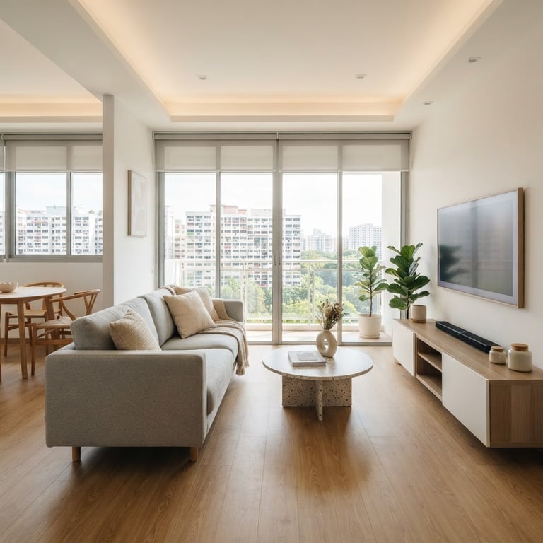 Modern minimalist HDB renovation living room in Singapore with beige sofa, wall-mounted TV and full-height windows