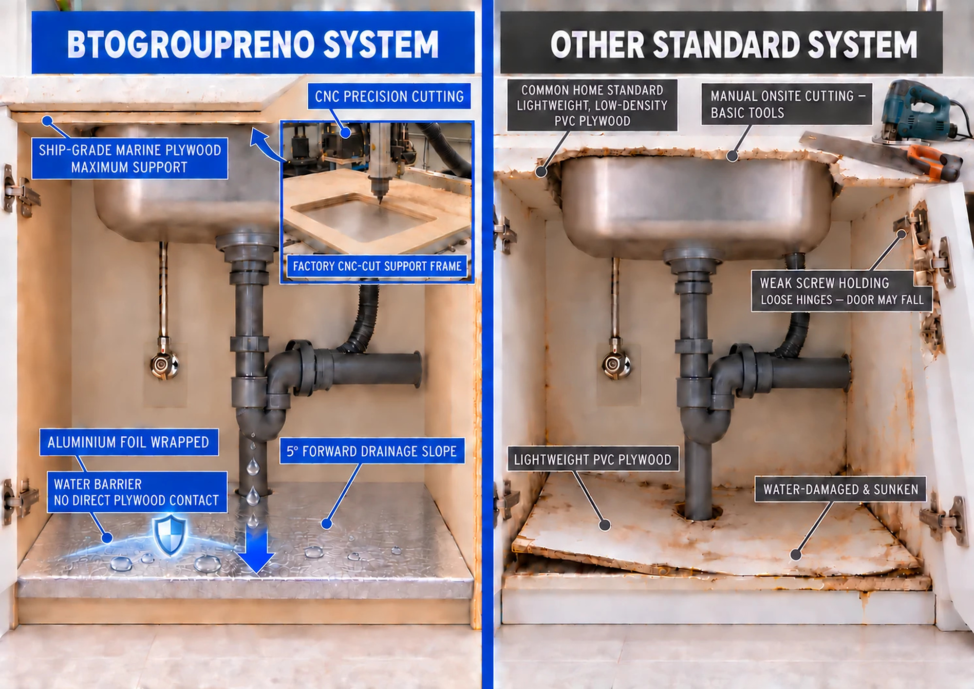 Cut-away comparison of the BTOGroupReno sink cabinet system and a standard system in a Singapore HDB kitchen