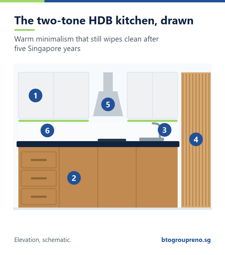 Labelled elevation of a two-tone HDB kitchen with fluted tall unit