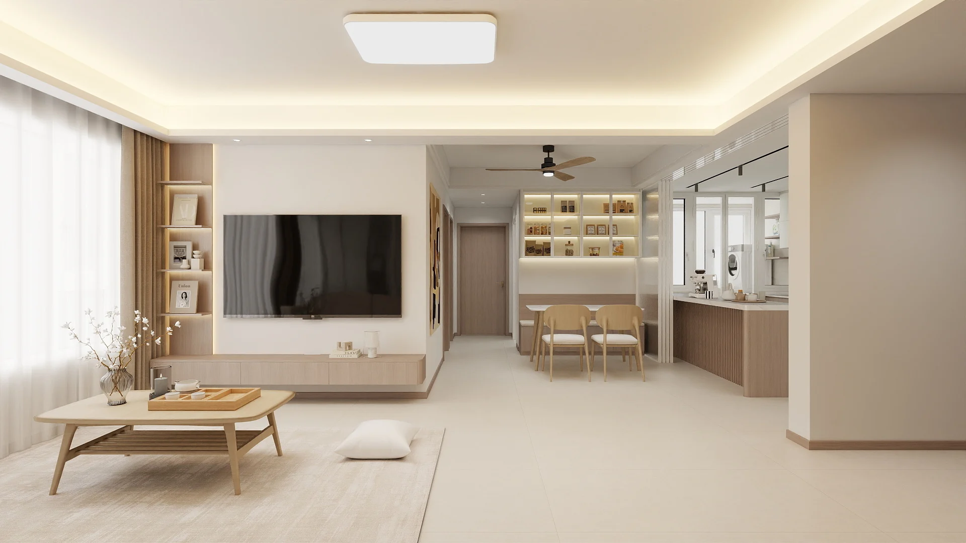 Japandi-style living and dining area in a Singapore HDB flat, light oak with white matte finishes (3D rendering)