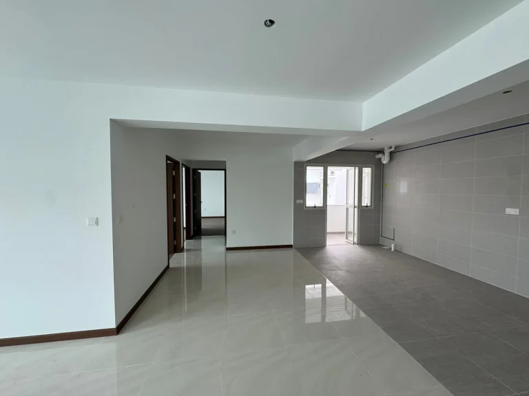 A new BTO flat before renovation: an empty living, dining and kitchen area with white walls and new floor tiles